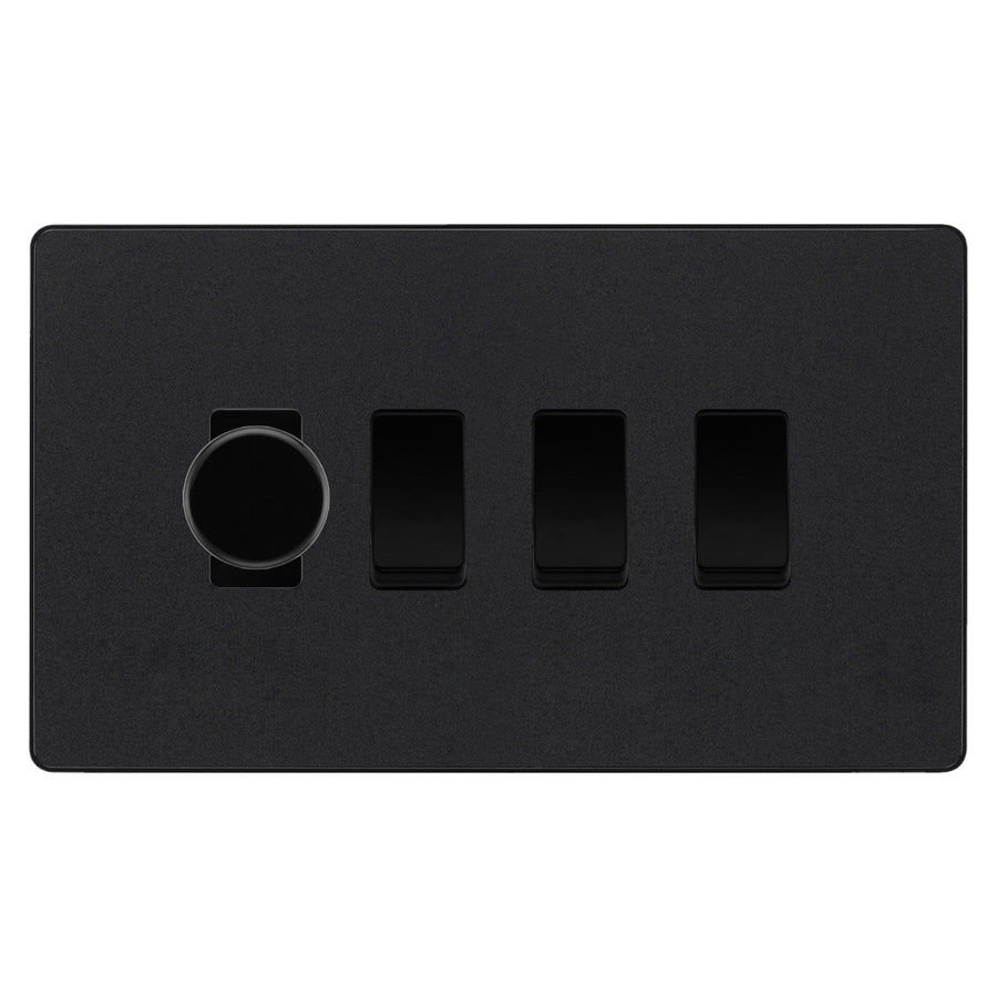 BG Evolve Matt Black 4 Gang Light Switch 1x Trailing Edge LED Dimmer 3x 2 Way Custom Switch
