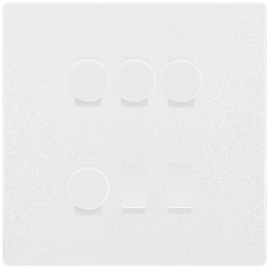 BG Evolve Pearlescent White 6 Gang Switch 4x Trailing Edge LED Dimmer 2x Intermediate Custom Grid