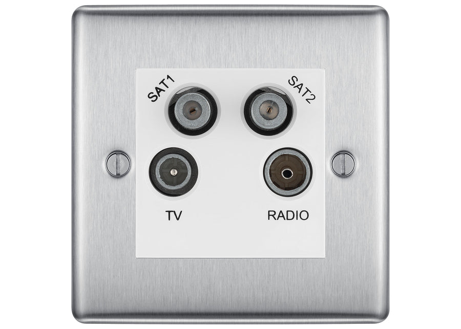 BG Nexus Brushed Steel TV/FM/2x SAT Quadplex Socket – White Insert
