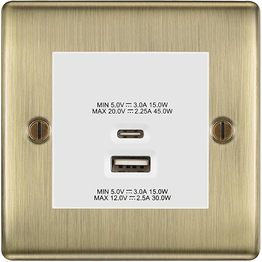 BG Nexus Antique Brass 45W USB Wall Socket Euro Module USB-A & C - White Insert