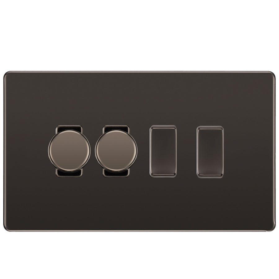 BG Black Nickel Screwless Flat Plate 4 Gang Light Switch 2x Trailing Edge LED Dimmer 2x 2 Way Custom Switch