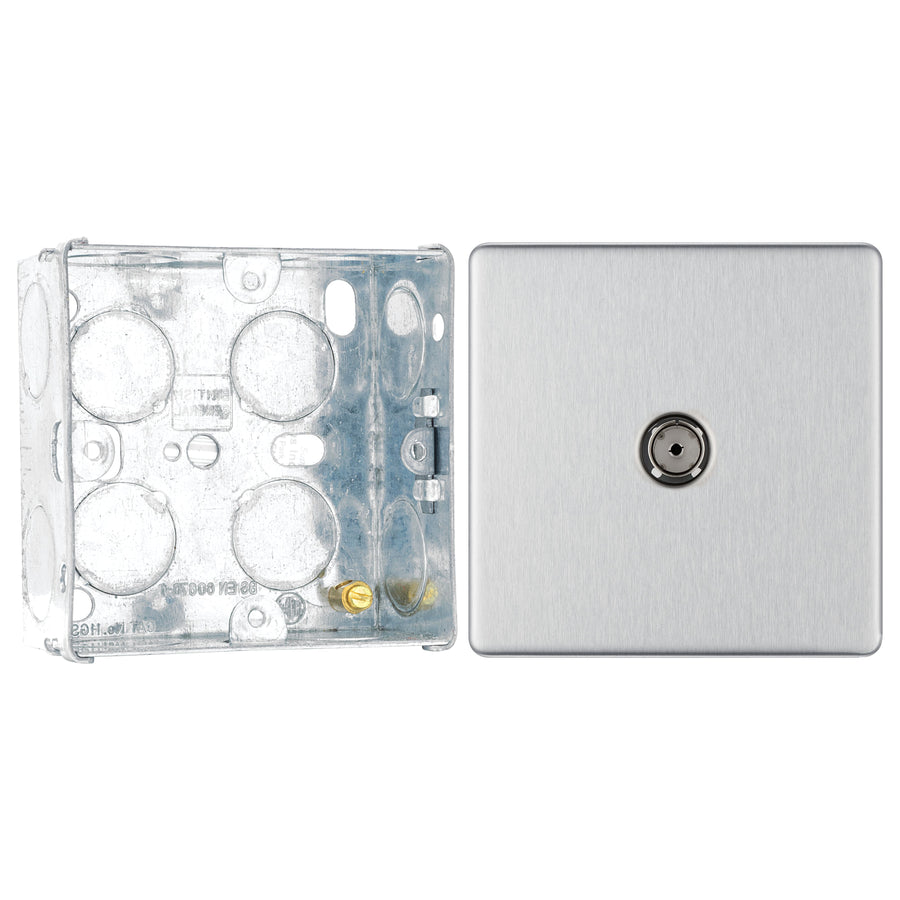 BG Screwless Brushed Steel Single Co-Axial Socket FBS60 with 35mm Steel Back Box