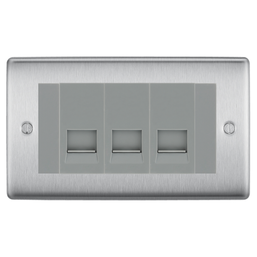 BG Nexus Brushed Steel 3 Gang Secondary Telephone Socket, Screw Terminal - Grey Insert