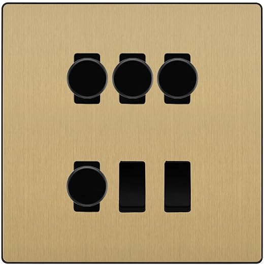 BG Evolve Satin Brass 6 Gang Switch 4x Trailing Edge LED Dimmer, 1x Intermediate, 1x 2-Way Switch