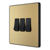 BG Evolve Satin Brass 3 Gang 20A 16AX 2 Way Light Switch PCDSB43B with 35mm Steel Back Box