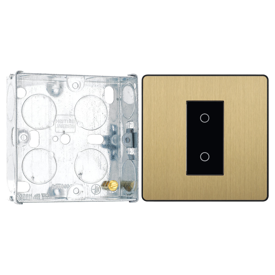 BG Evolve Satin Brass Single Secondary Touch Dimmer Switch PCDSBTDS1B with 25mm Steel Back Box