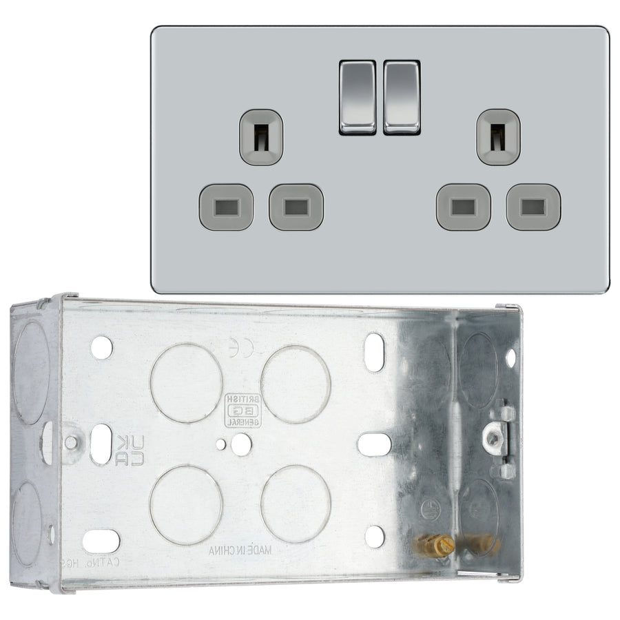 BG Screwless Polished Chrome 13A Double Switched Socket FPC22G with 35mm Steel Back Box