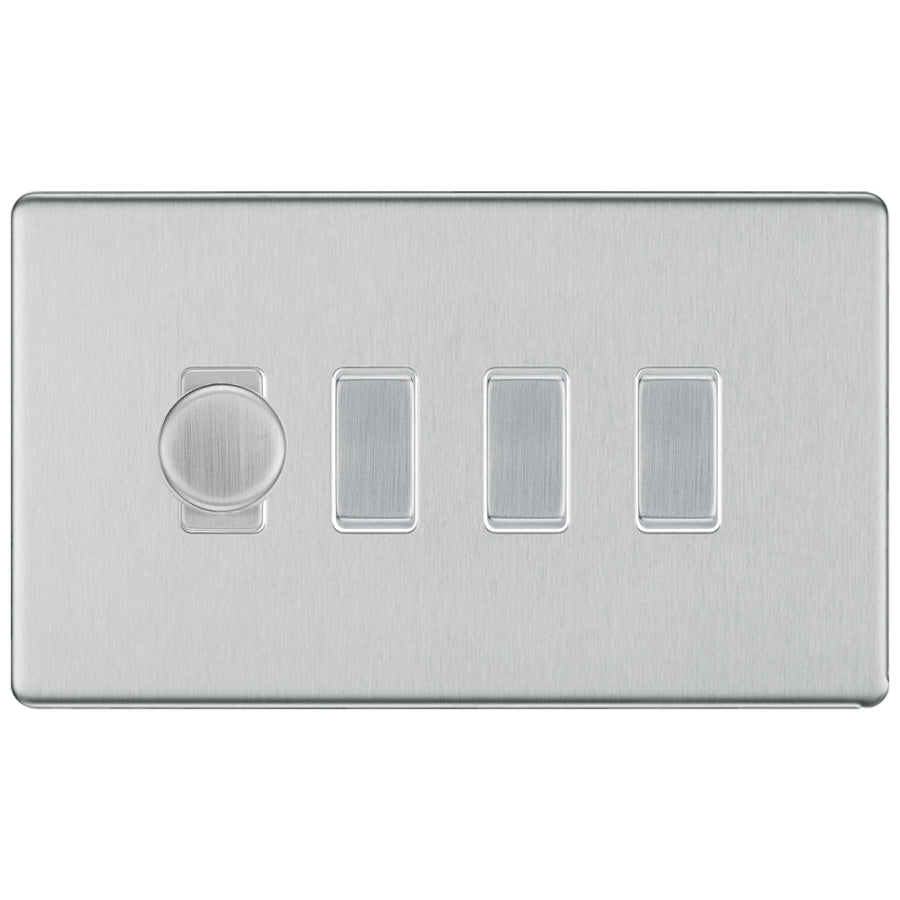 BG Brushed Steel Screwless Flat Plate 4 Gang Light Switch 1x Trailing Edge LED Dimmer 3x 2 Way Custom Switch