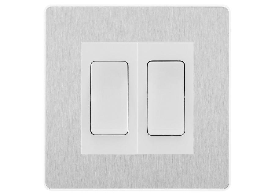 BG Electrical Evolve Brushed Steel 2-Gang Light Switch 1x 2-Way + 1x Intermediate – White Inserts