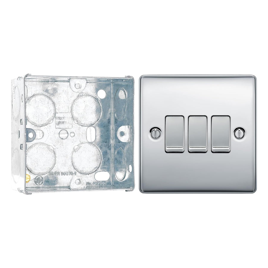 BG Nexus Polished Chrome 20A 16AX 2-Way Triple Light Switch NPC43 with 35mm Steel Back Box