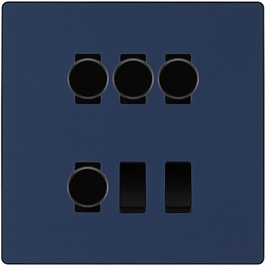 BG Evolve Matt Blue 6 Gang Switch 4x Trailing Edge LED Dimmer, 1x Intermediate, 1x 2-Way Switch