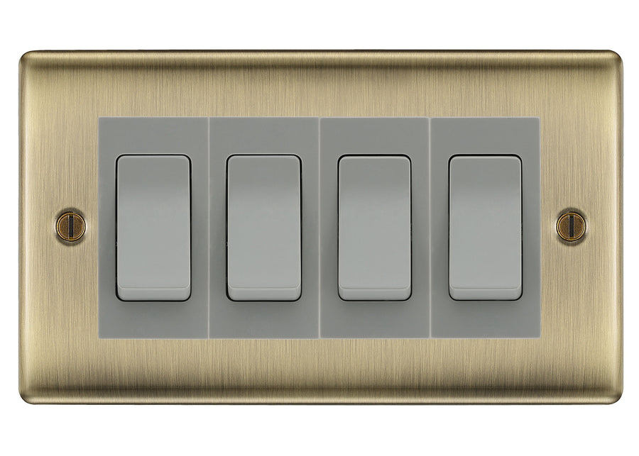 BG Nexus Antique Brass 4-Gang Light Switch 1x 2-Way + 3x Intermediate – Grey Inserts