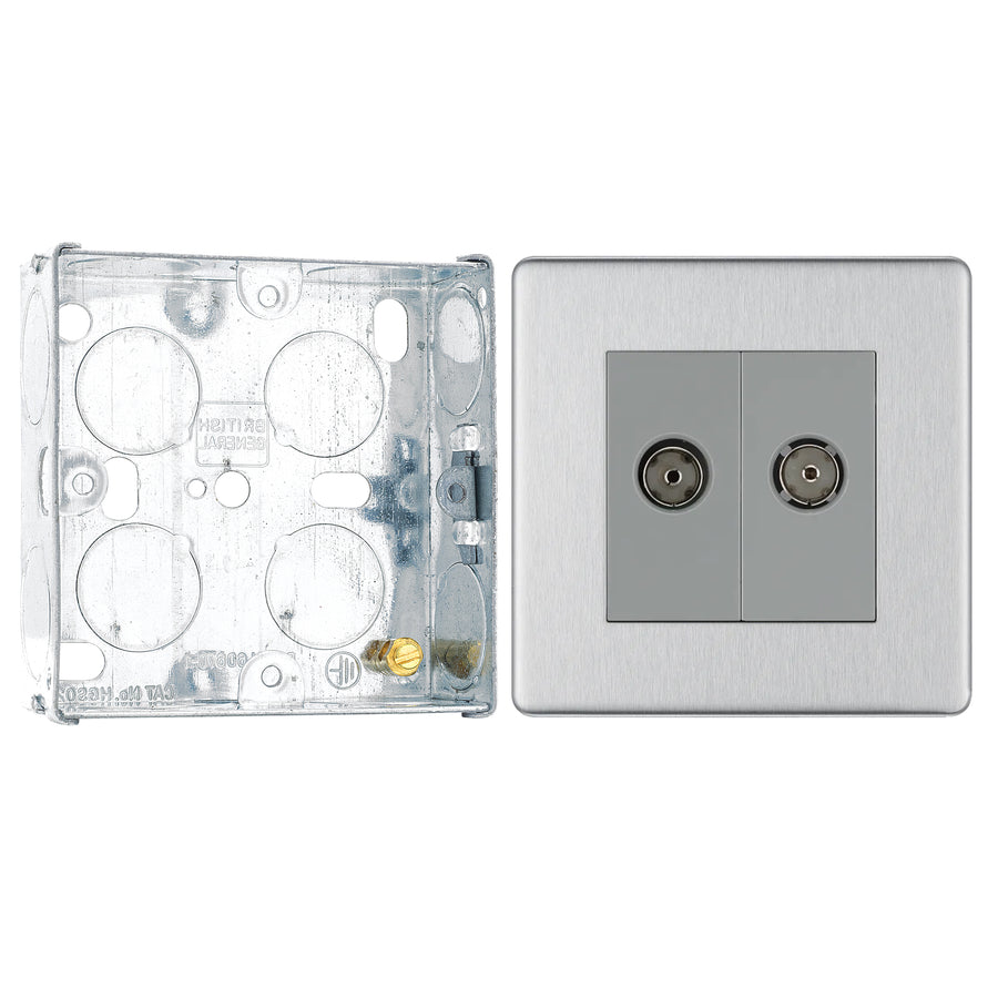 BG Screwless Brushed Steel Diplex TV/FM Socket FBS66 with 25mm Steel Back Box