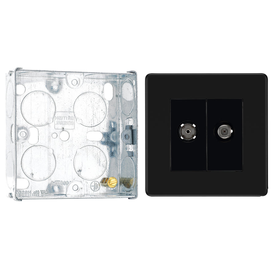 BG Screwless Matt Black TV/FM/SAT Co-axial Socket FFB65 with 25mm Steel Back Box