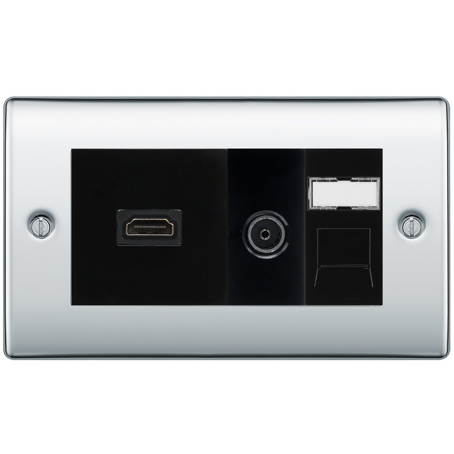 BG Nexus Polished Chrome Media Wall Plate TV Aerial, HDMI & CAT6 Outlet - Black Insert