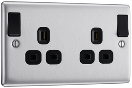 BG Electrical NBS22DPOBB Nexus Metal Brushed Steel 13A Double Pole Switched Socket - Black Insert