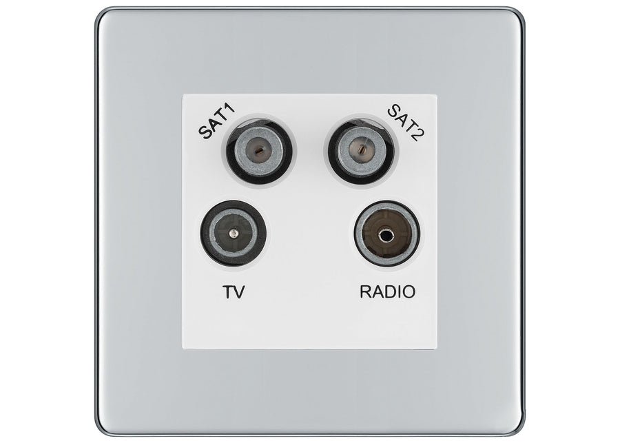 BG Screwless Polished Chrome TV/FM/2x SAT Quadplex Socket – Grey Insert