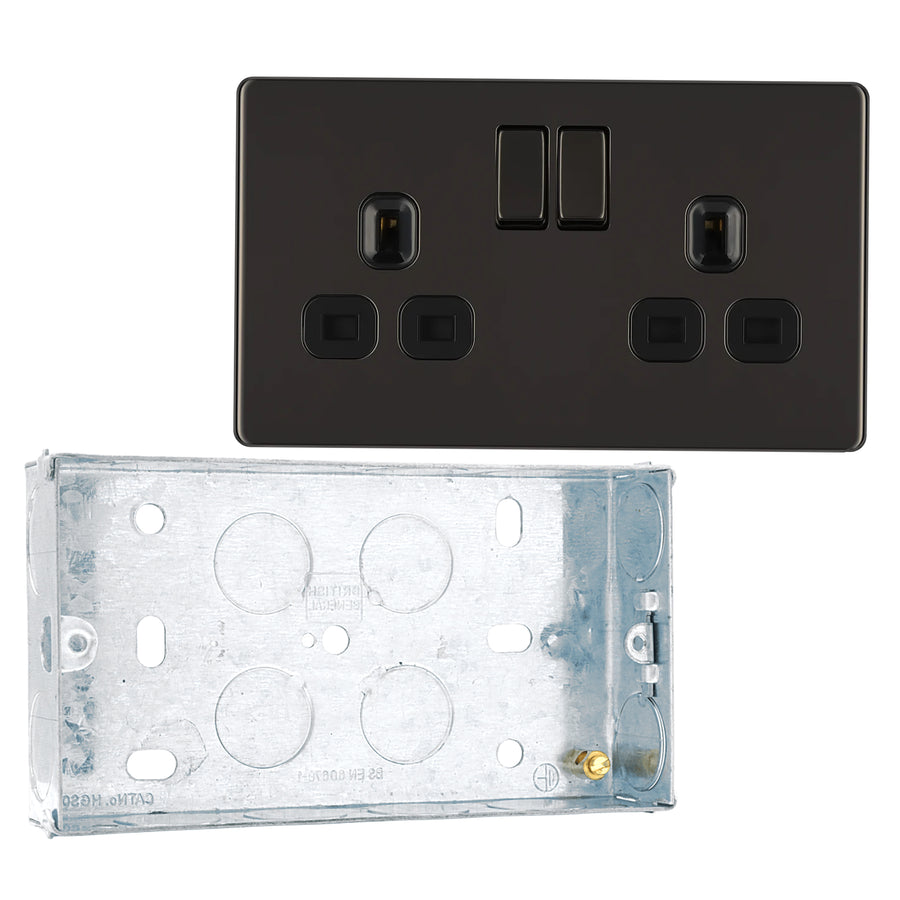 BG Screwless Black Nickel 13A Double Socket FBN22B with 25mm Steel Back Box