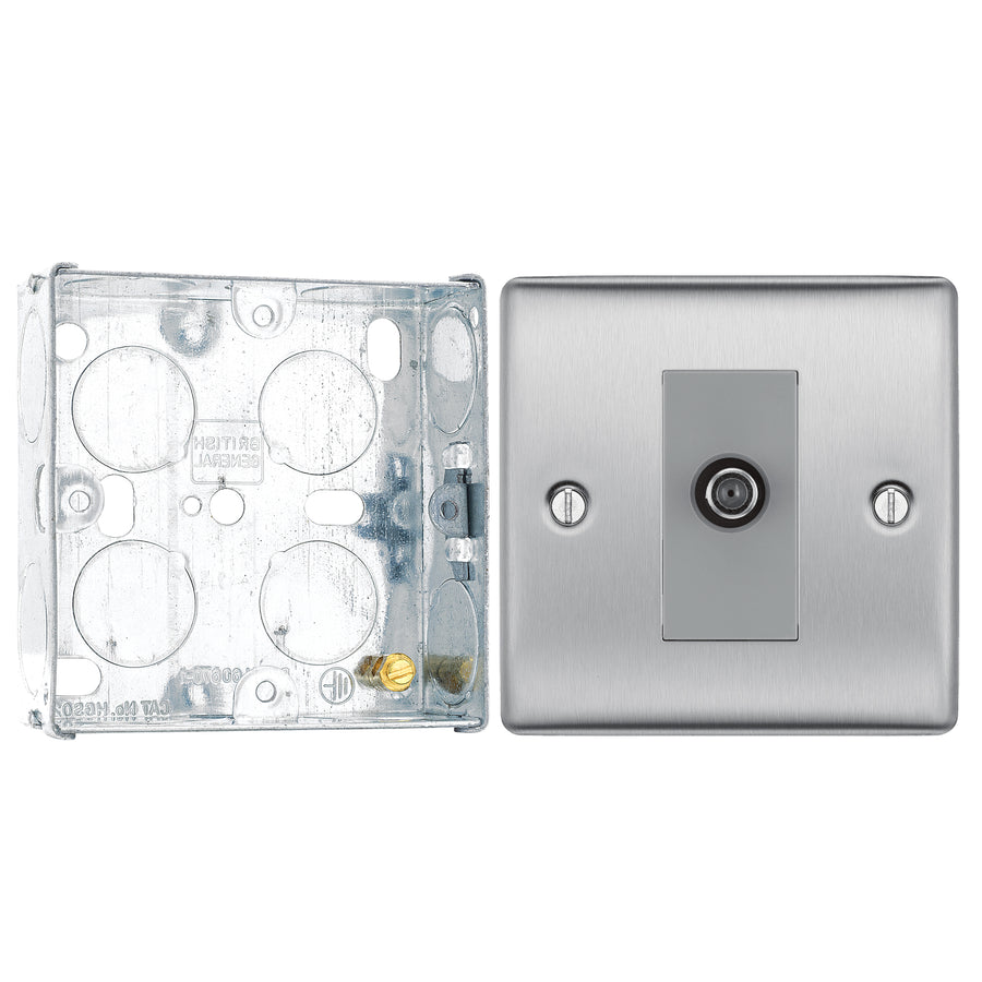BG Nexus Brushed Steel Single Satellite Socket NBS64 with 25mm Steel Back Box