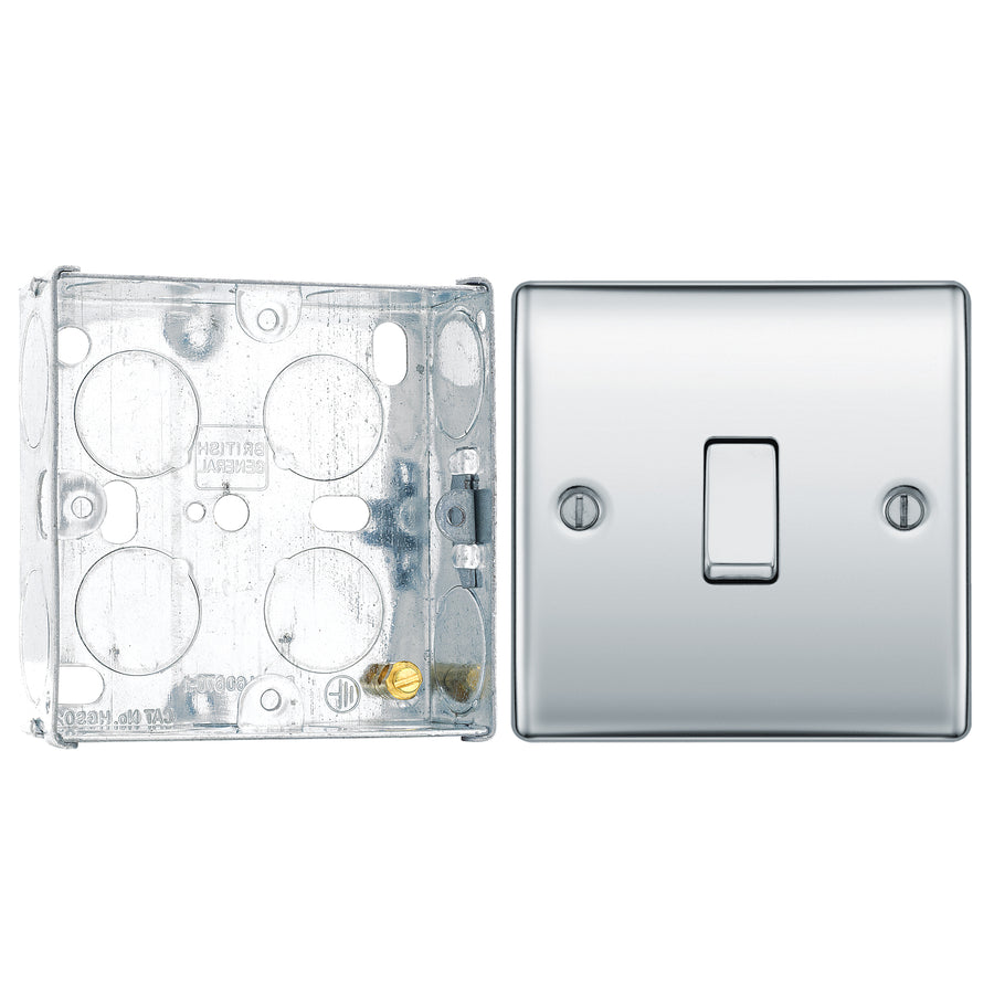 BG Nexus Metal Polished Chrome 20A 16AX 2 Way Single Light Switch NPC12 with 25mm Steel Back Box