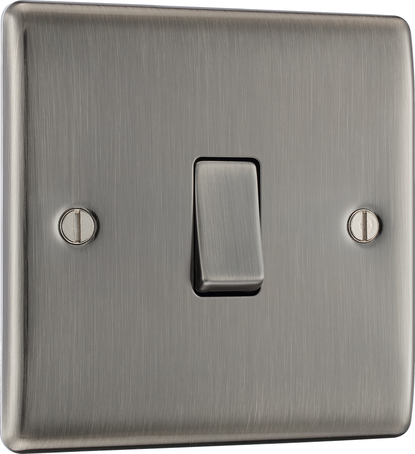 NBI12 Front - This brushed Iridium finish 20A 16AX single light switch from British General will operate one light in a room.