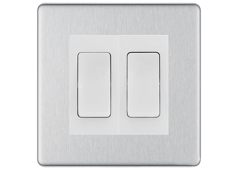 BG Electrical Screwless Brushed Steel 2-Gang Light Switch 1x 2-Way + 1x Intermediate – White Inserts