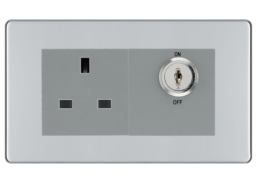 BG Screwless Polished Chrome 13A Double Pole Key Controlled Socket – Grey Inserts