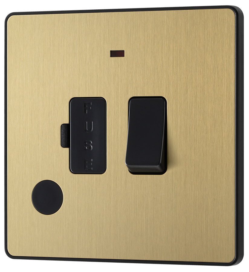 PCDSB54B Front - This Evolve Satin Brass 13A fused and unswitched connection unit from British General provides an outlet from the mains containing the fuse, ideal for spur circuits and hardwired appliances.