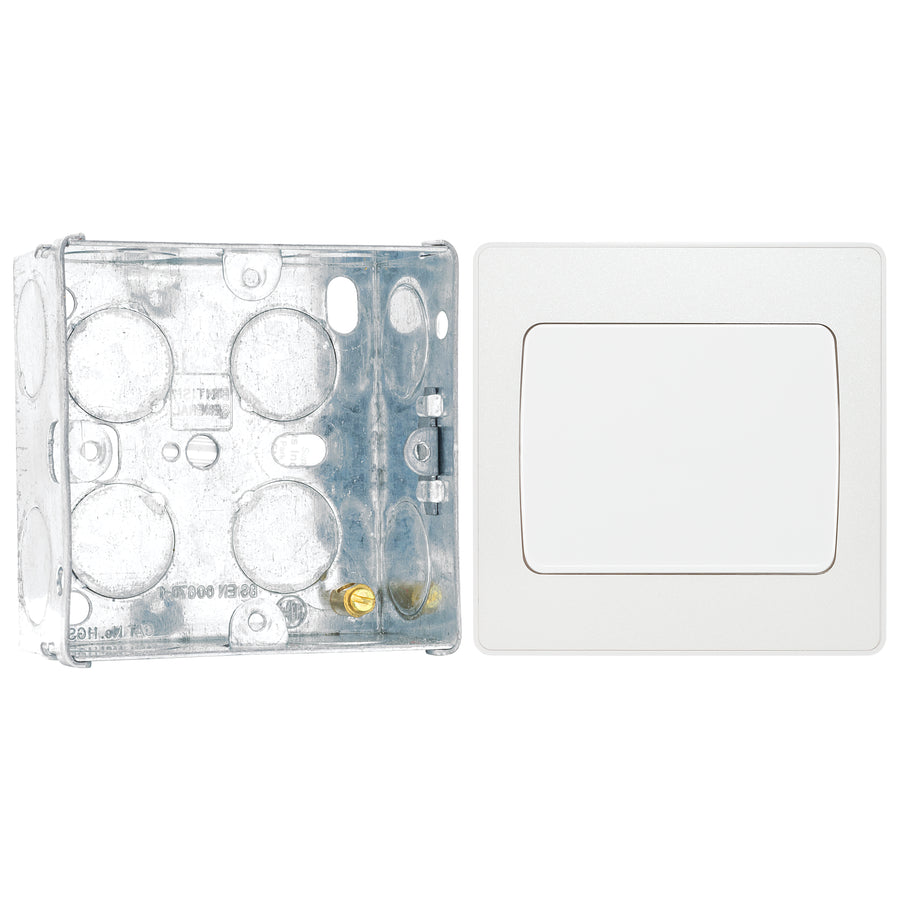 BG Evolve Pearlescent White 1G Wide Rocker Light Switch PCDCL12WW with 35mm Steel Back Box
