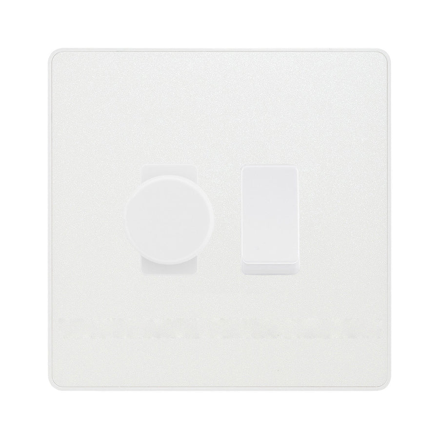 BG Evolve Pearlescent White 2 Gang Switch 1x Trailing Edge LED Dimmer 1x Intermediate Grid Switch