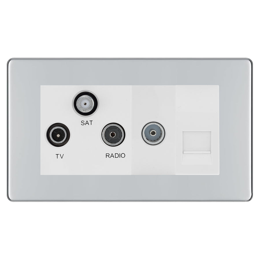 BG Screwless Polished Chrome TV/FM/SAT + Return & 1 Gang Tel - Screened Triplex Socket FPC68W