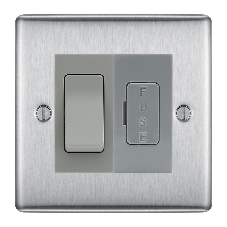 BG Nexus Brushed Steel 2 Way Light Switch & 13A Fused Spur Plate | Grey Insert
