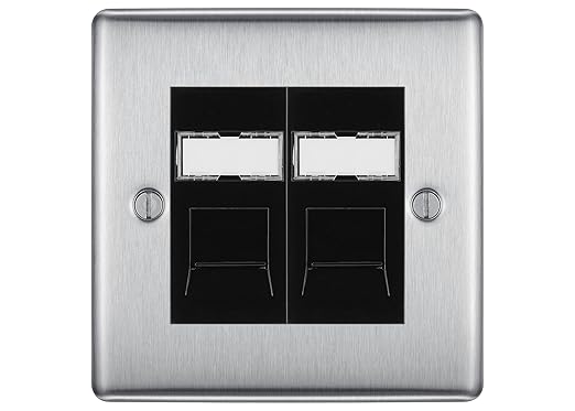 BG Nexus Metal Brushed Steel 2 Gang RJ45 Data Socket NBSRJ452B Black Inserts