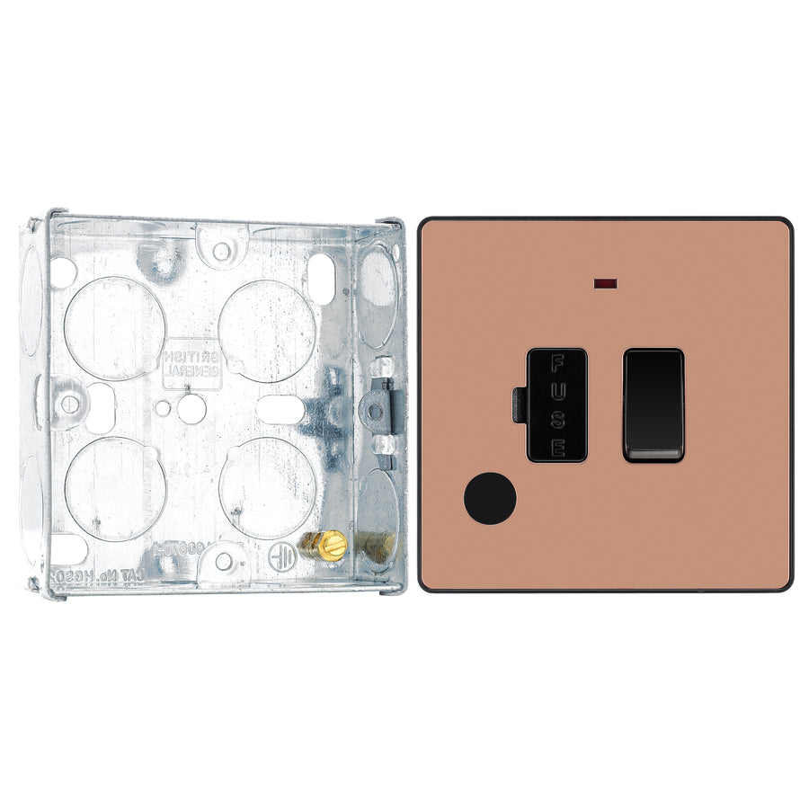 BG Evolve Polished Copper 13A Switched Spur with Neon and Flex Outlet PCDCP52B with 25mm Steel Back Box