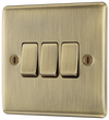 NAB43 Front - This antique brass finish 20A 16AX triple light switch from British General can operate 3 different lights whilst the 2 way switching allows a second switch to be added to the circuit to operate the same light from another location (e.g. at the top and bottom of the stairs).