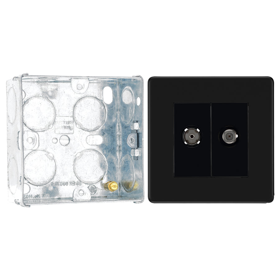 BG Screwless Matt Black 2 Gang Satellite & Co-axial Socket FFB65 with 35mm Steel Back Box
