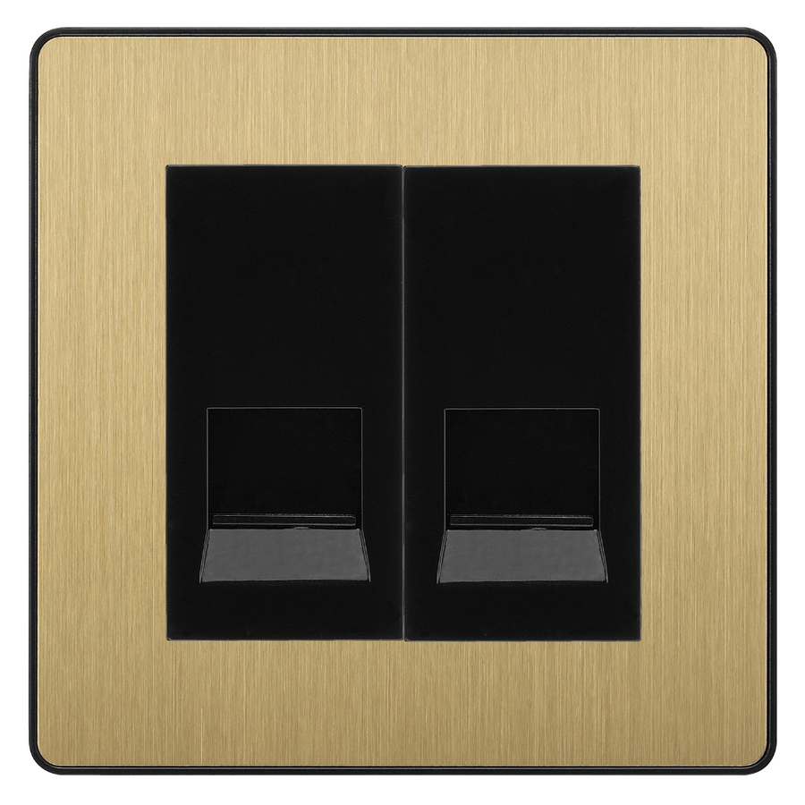 BG Evolve Satin Brass Double Master Telephone Socket, Screw Terminal - Black Insert