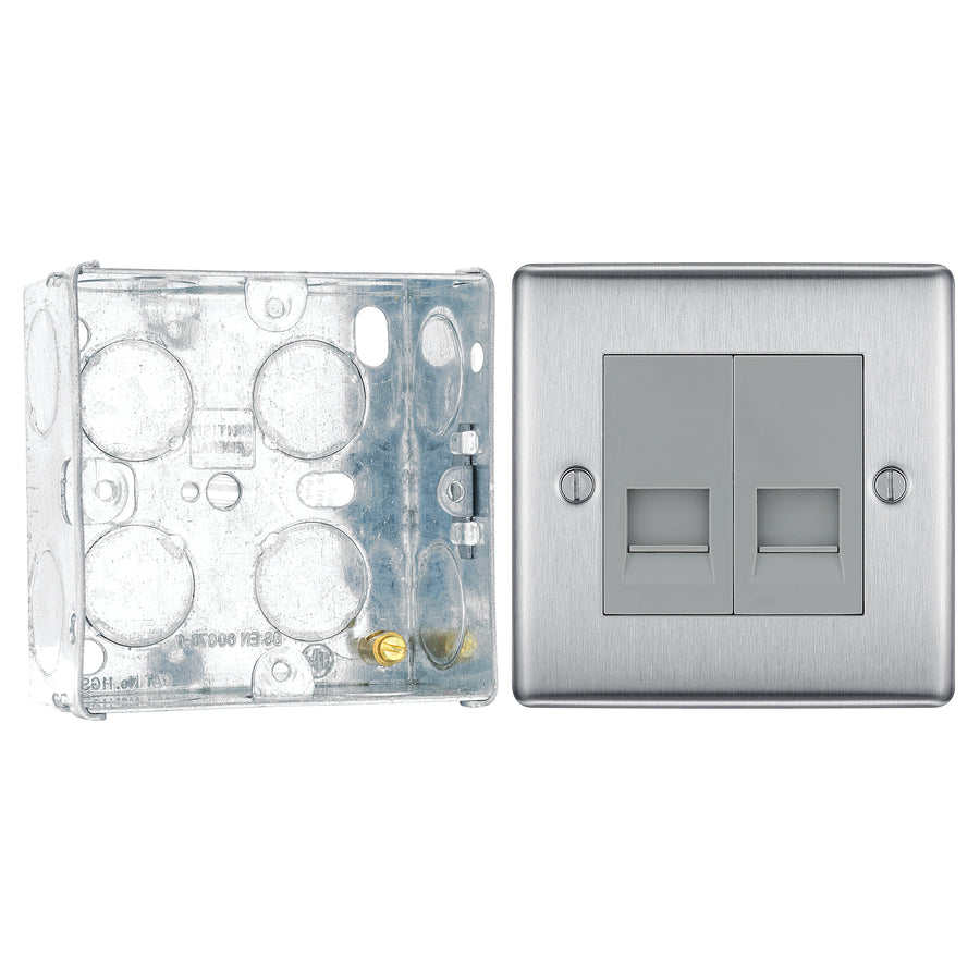 BG Nexus Brushed Steel Double Master Telephone Socket NBSBTM2 with 35mm Steel Back Box