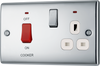 NPC70W Front - This 45A cooker control unit from British General includes a 13A socket for an additional appliance outlet, and has flush LED indicators above the socket and switch.