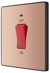 PCDCP74B Front - This Evolve Polished Copper 45A double pole switch with indicator from British General is ideal for use with cookers and ovens.