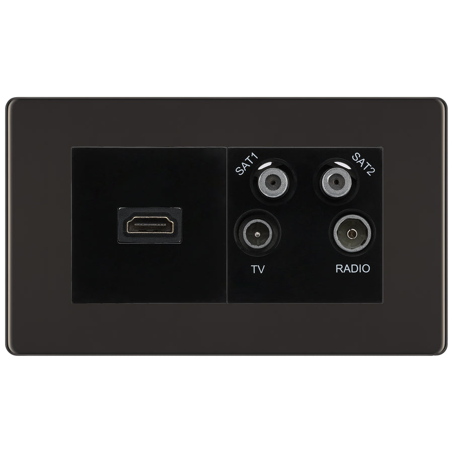 BG Screwless Black Nickel 4G Faceplate with HDMI + TV/FM/SAT Module - Black