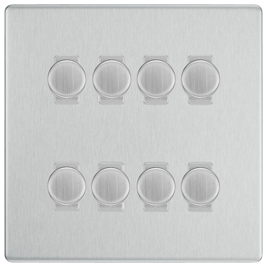 BG Brushed Steel Screwless Flat Plate 8 Gang Trailing Edge LED Dimmer Light Switch 2 Way Custom Switch