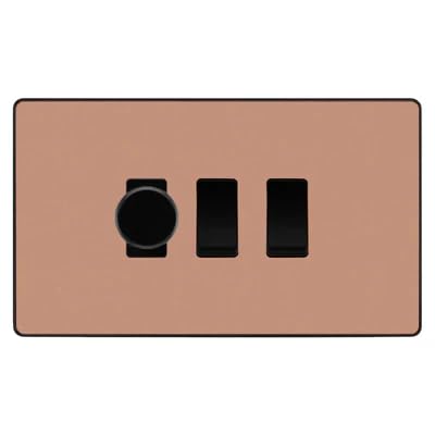 BG Evolve Polished Copper 3 Gang Light Switch Grid – 1x Trailing-Edge LED Dimmer, 1x Intermediate, 1x 2-Way Switch