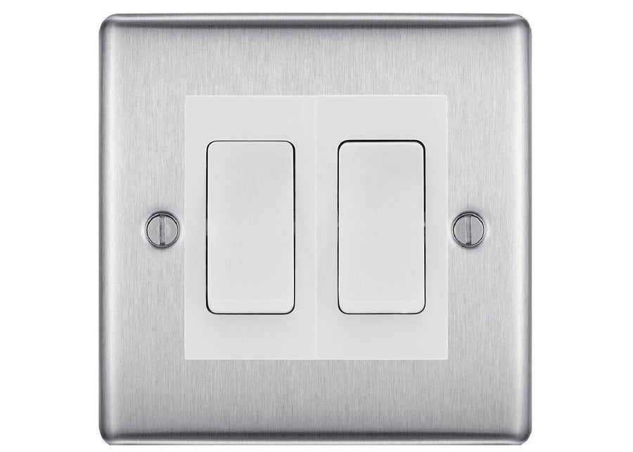 BG Nexus Brushed Steel 2 Gang 20AX 2-Way Switch Custom Grid – White Insert