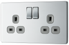 FPC22G Front - This Screwless Flat plate polished chrome finish 13A double switched socket from British General has a sleek flat profile that clips on and off for a screwless premium finish, with no visible plastic around the switch.