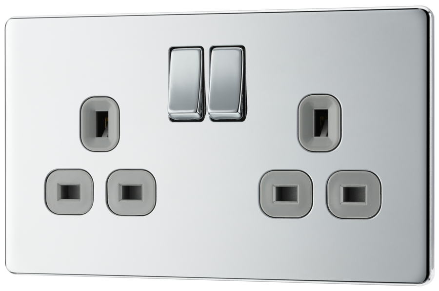 FPC22G Front - This Screwless Flat plate polished chrome finish 13A double switched socket from British General has a sleek flat profile that clips on and off for a screwless premium finish, with no visible plastic around the switch.