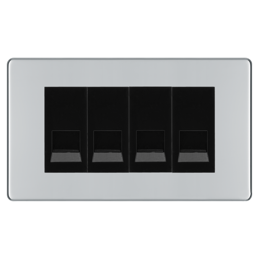 BG Screwless Polished Chrome 4 Gang Master Telephone Socket - Black Insert