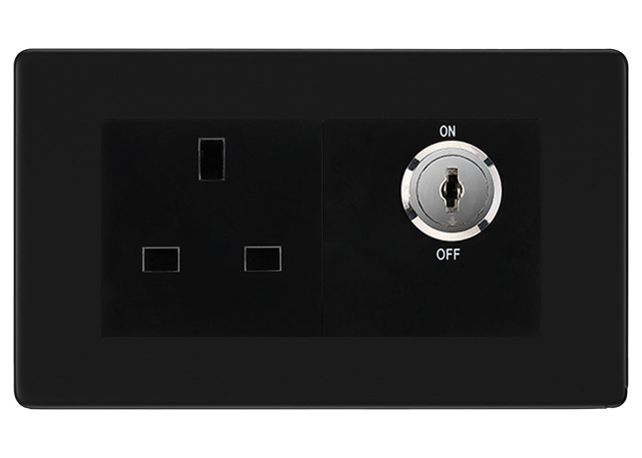 BG Screwless Matt Black 13A Double Pole Key Controlled Socket – Black Inserts