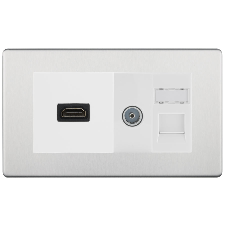 BG Screwless Brushed Steel Media Wall Plate TV Aerial, HDMI & CAT6 Outlet – White Insert