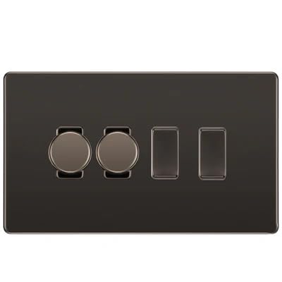BG Screwless Black Nickel 4 Gang Switch 2x Trailing Edge LED Dimmer 2x Intermediate Custom Grid Switch
